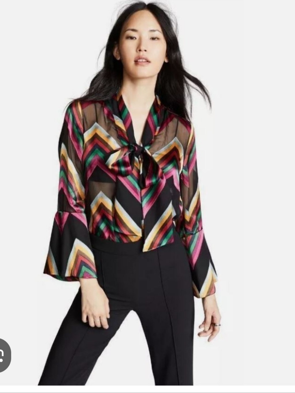 Alice + Olivia Black Tie-Neck Blouse With Pink Green Gold & Blue Chevron